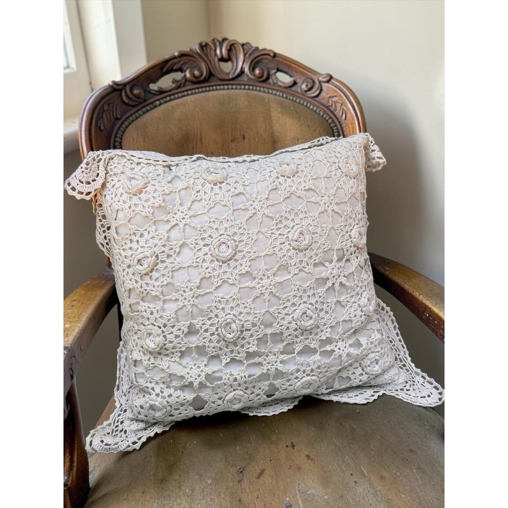 16" Ivory Crochet Lace Decorative Throw Pillow Cottage Shabby Chic Farmhouse